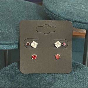 Lot Of 3 Pairs Stud Earrings Clear, Red, And Purple Stones Silver Toned Fashion